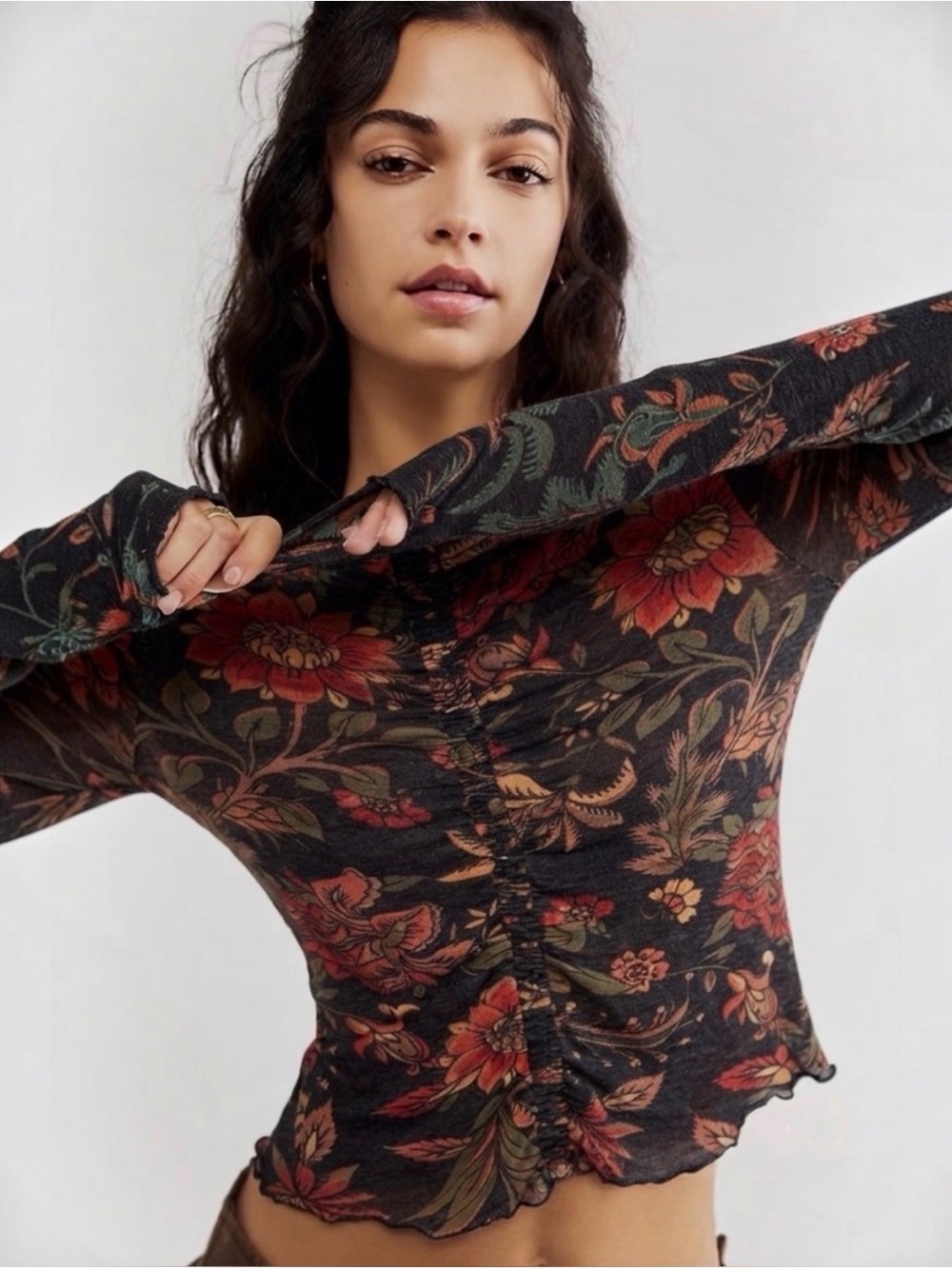 We The Free Dream of You Black Floral Ruched Long-Sleeve Top